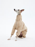 KNOWZA dog puffer suit in vibrant color, featuring a cozy quilted design for warmth and comfort during cold weather.