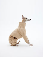 KNOWZA dog puffer suit in bright color, showcasing a cozy, insulated design for warmth during cold weather walks.
