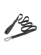 Black GENTLEBEAST dog leash displayed on a wooden surface with a metal clip and soft grip handle.