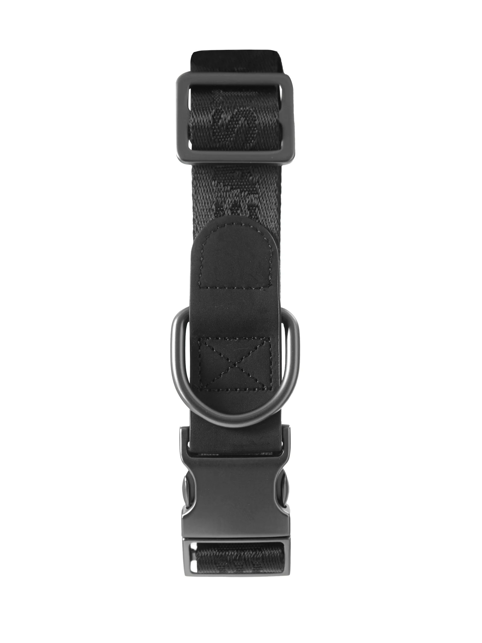 Black GENTLEBEAST dog collar displayed on a wooden surface with a metal buckle and adjustable strap.