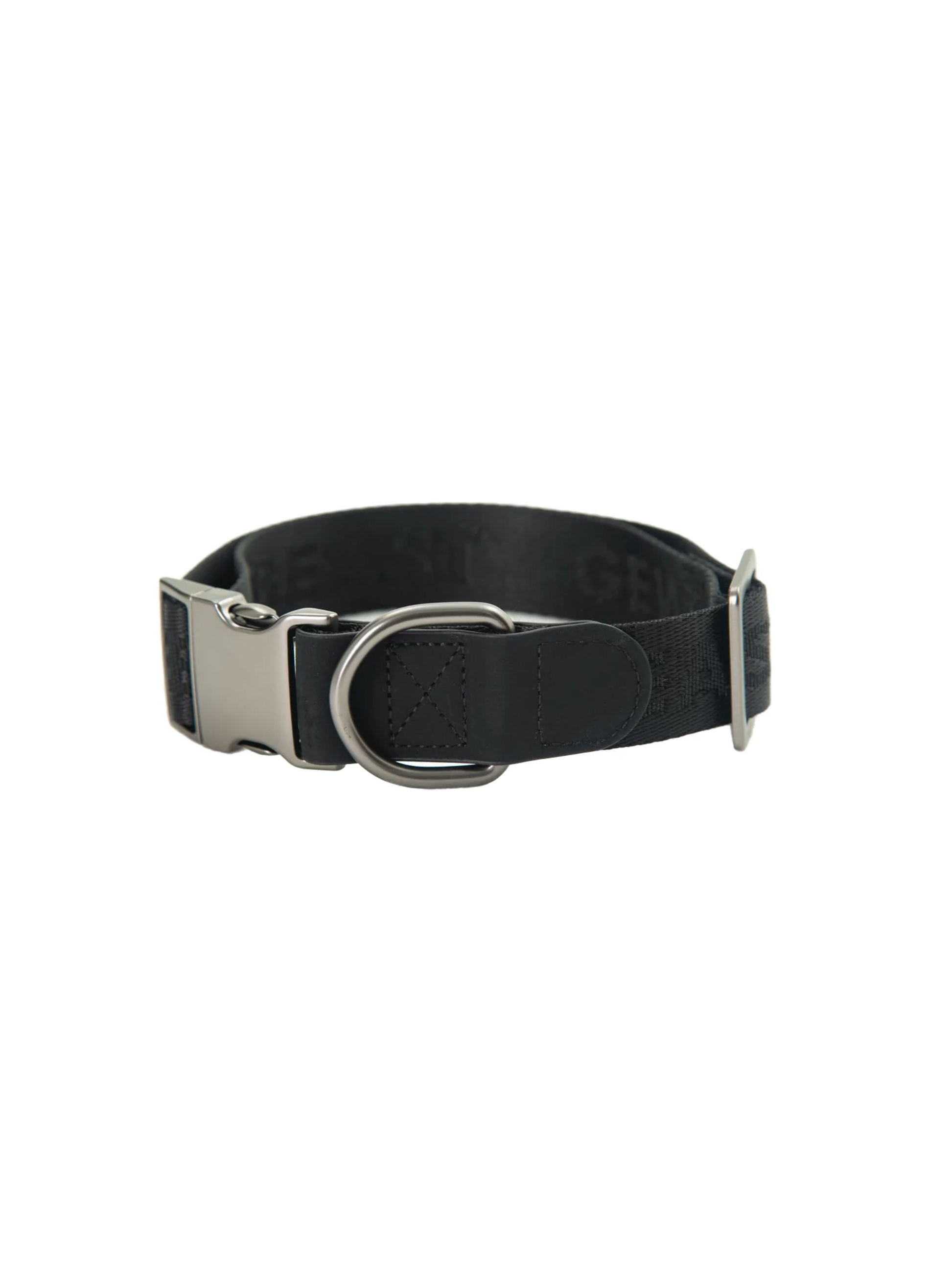 GENTLEBEAST black dog collar displayed on a wooden surface with a metal buckle and adjustable strap.