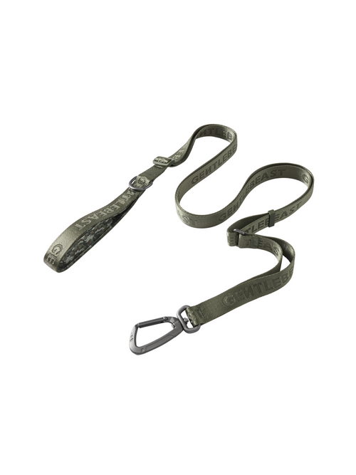 GENTLEBEAST green dog leash displayed on a wooden surface with a metal clip and sturdy fabric design.