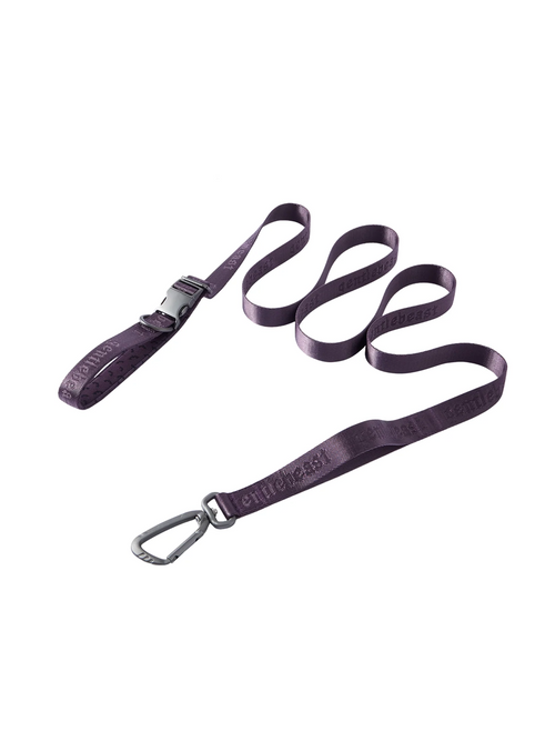 Purple GENTLEBEAST dog leash displayed on a wooden surface with a clip and handle visible.