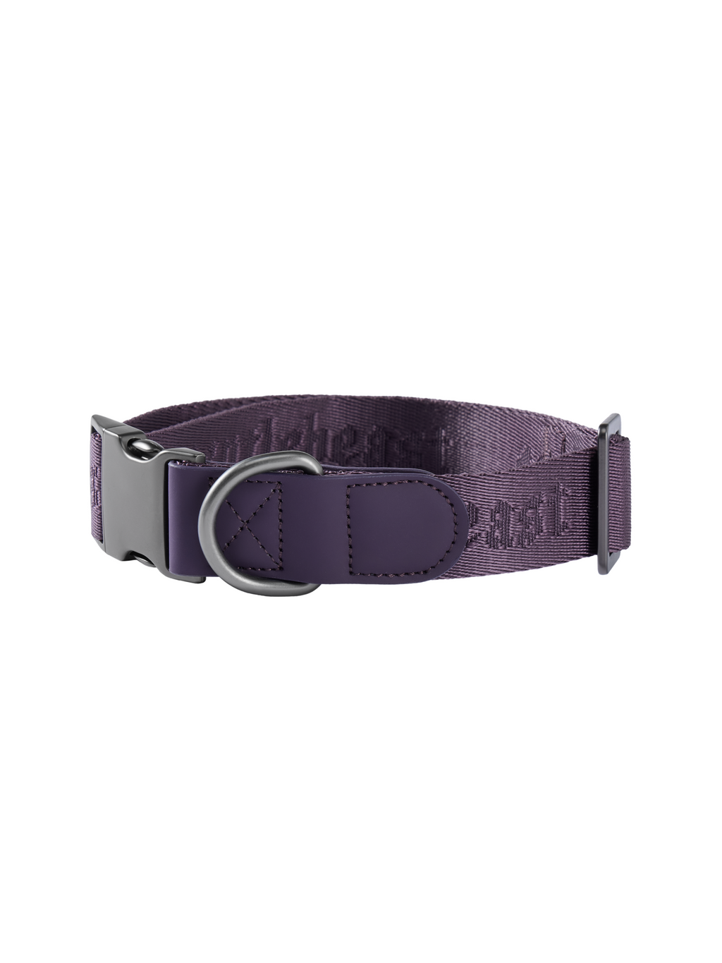 Purple GENTLEBEAST dog collar displayed on a wooden surface with a metal buckle and adjustable strap.
