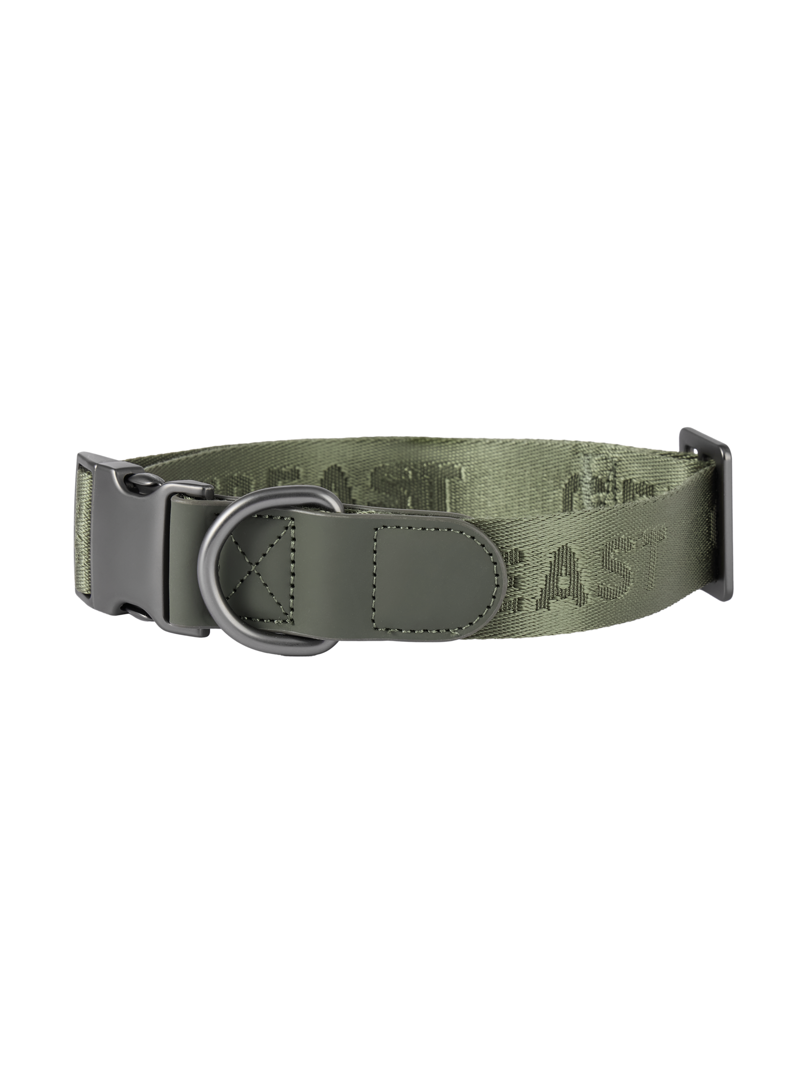GENTLEBEAST green dog collar displayed on a wooden surface with a metal buckle and adjustable strap.