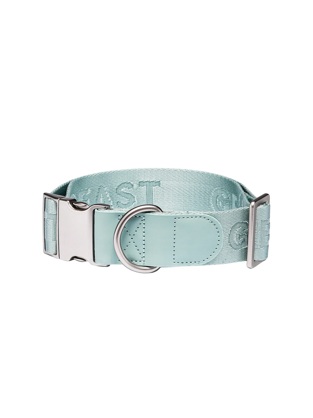 GENTLEBEAST mint blue dog collar displayed on a wooden surface with a metal buckle and adjustable strap.