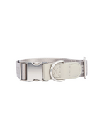 GENTLEBEAST silver dog collar displayed on a soft surface with a shiny finish and adjustable buckle detail.