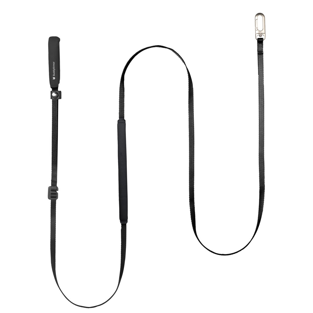 Black cat leash with metal clip on a white background