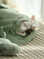 Cat peeking out from a green pet bed with 'BuddyArmor' branding on a soft surface.