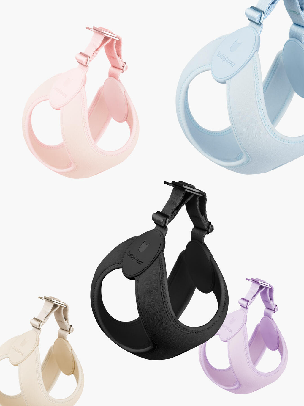 Set of colorful pet harnesses on a white background