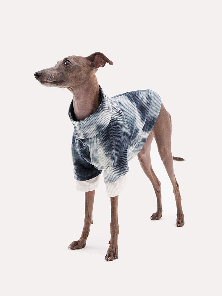 Corduroy dog shirt with tie dye pattern on a sighthound, designed for lightweight comfort and freedom of movement