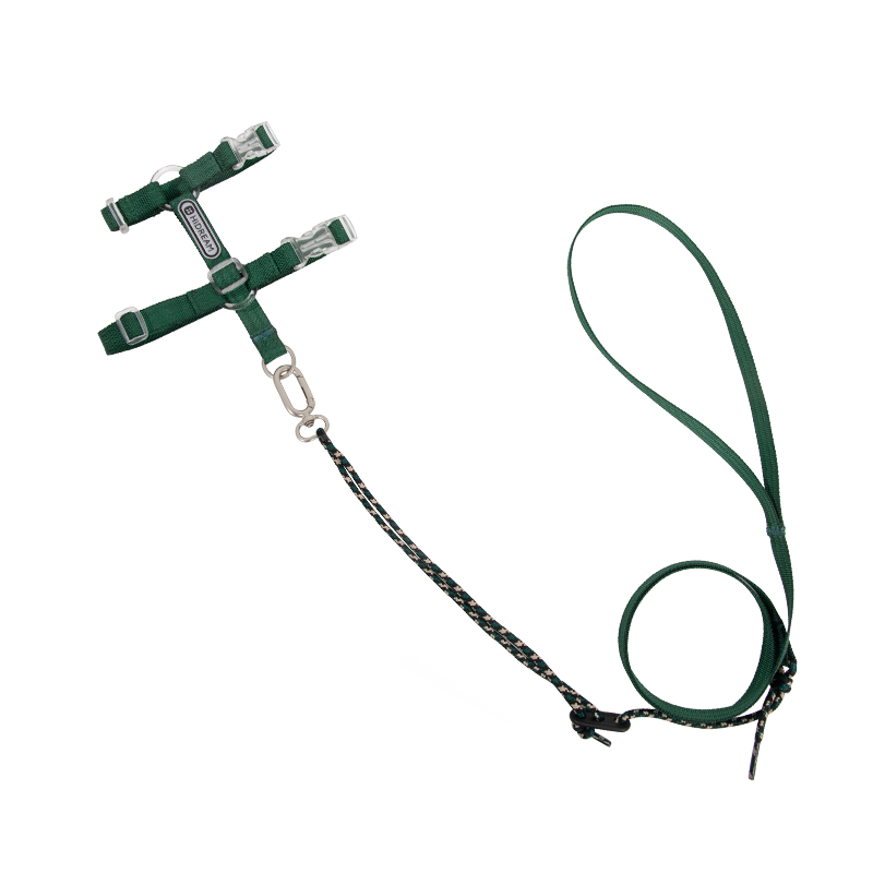Adjustable cat harness and leash set in green, displayed flat to show the H-shape structure, secure metal hardware, and lightweight construction.