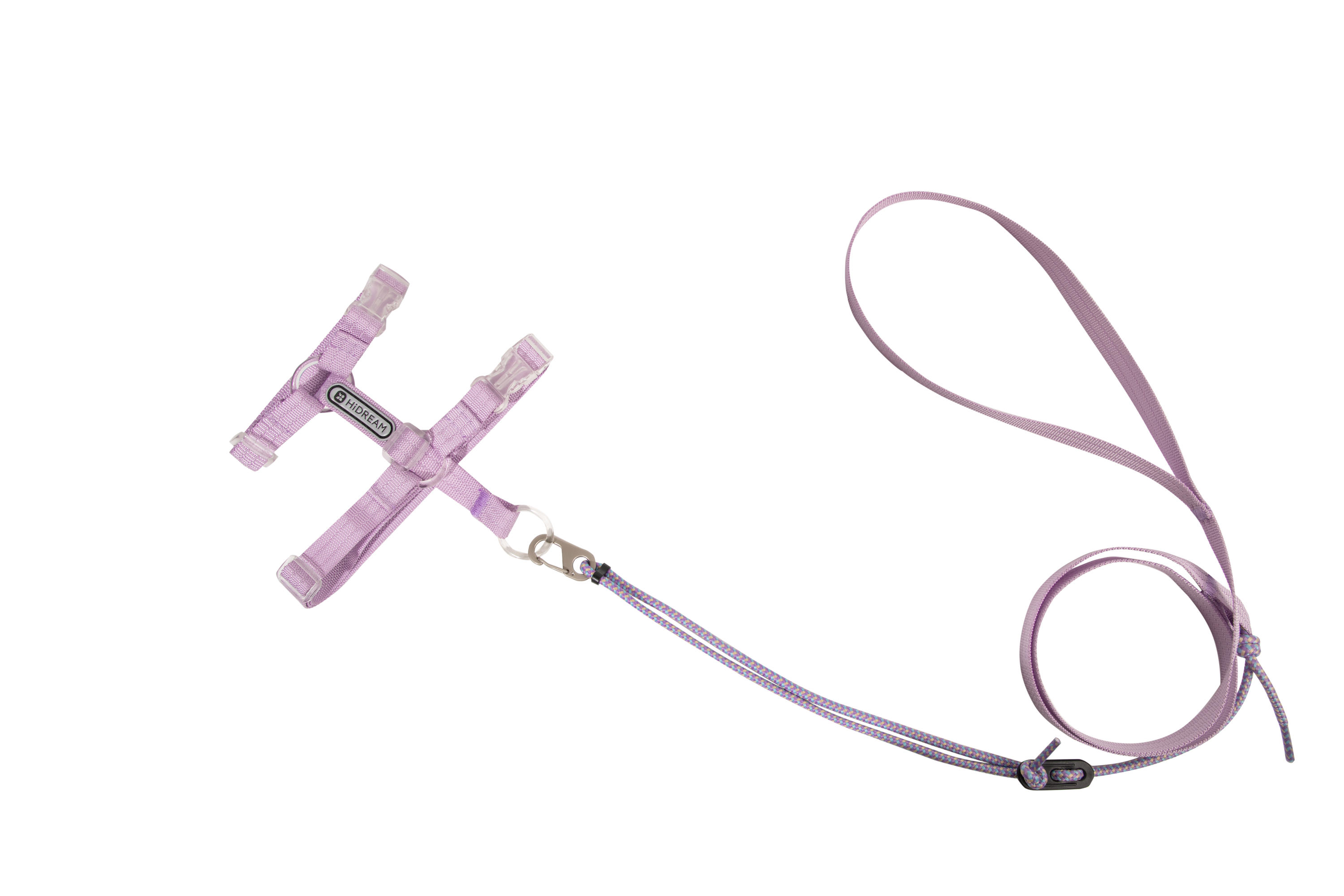Adjustable cat harness leash set in purple, displayed flat with H-shape structure, transparent POM buckles, and coordinated leash.