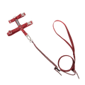 Adjustable cat harness and leash set in red, flat lay view highlighting the H-shape harness design, metal clasp, and lightweight leash.