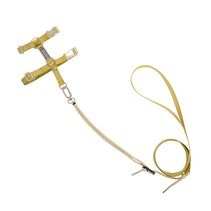 Adjustable cat harness leash set in yellow, shown in flat lay with breathable straps, transparent buckles, and matching leash.