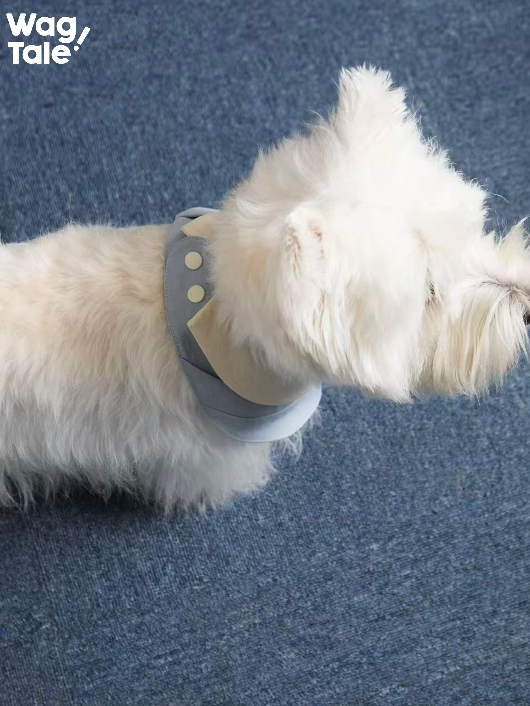Side view of a white dog wearing an adjustable collar-style dog bandana, showing the padded neck structure and button closure designed for a secure and comfortable fit.