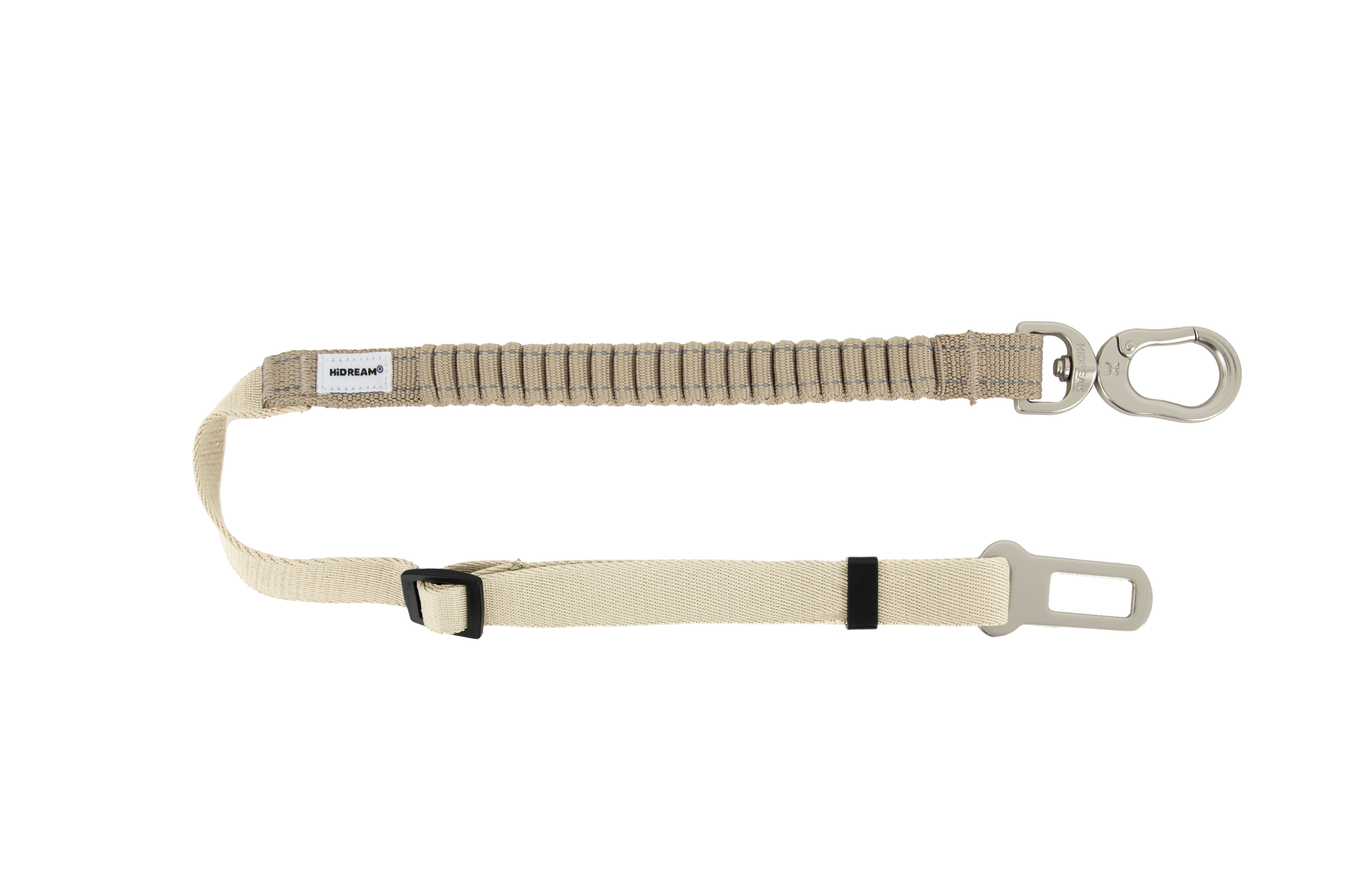 Adjustable dog car seatbelt tether with elastic section and seat belt connector, displayed flat on a transparent background.