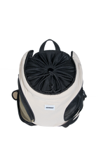 Top view of a cat front carrier with drawstring-adjustable mesh opening designed to prevent pet escape while maintaining ventilation