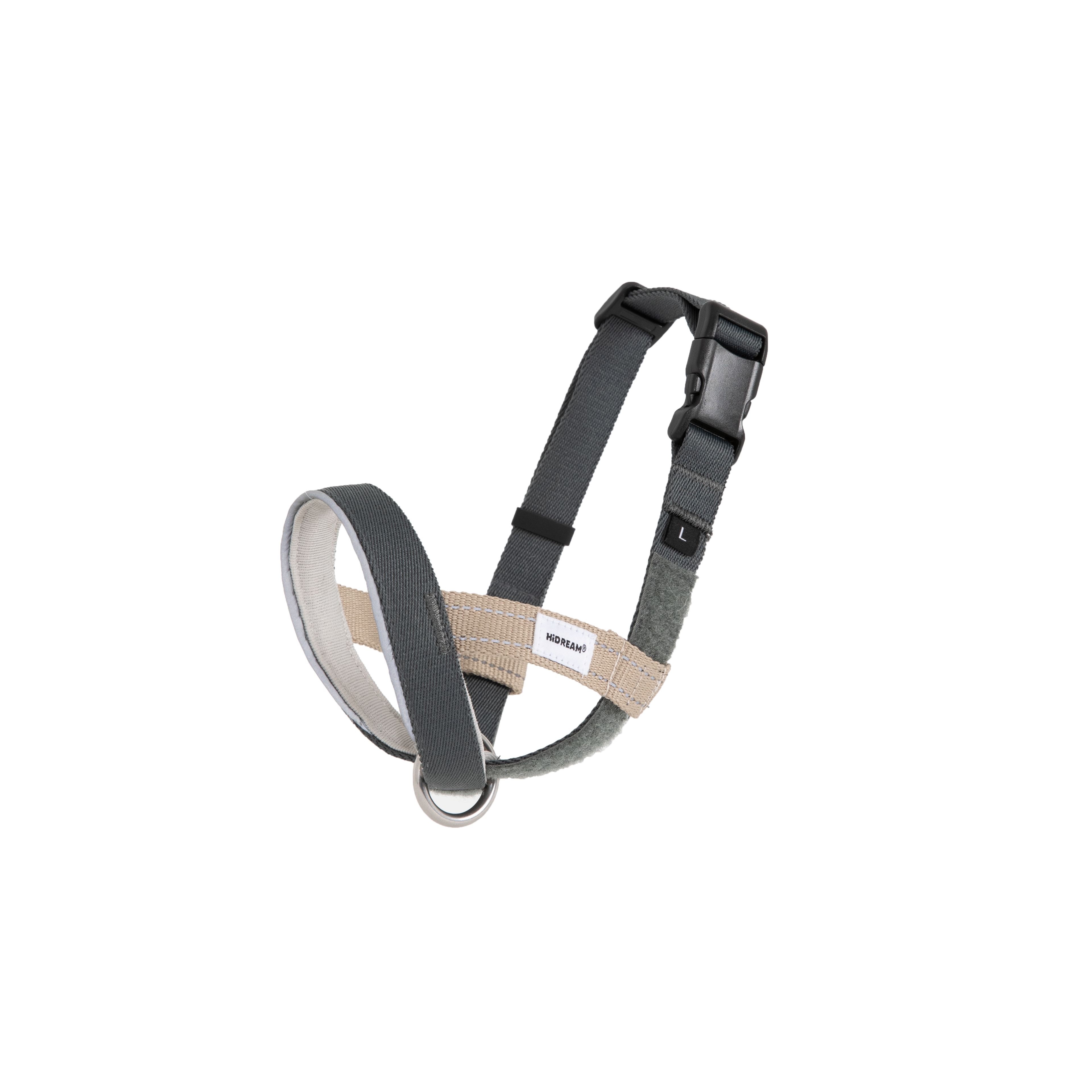 Product-only image of an adjustable no-pull dog head collar with nose loop and neck strap, size L, shown on a transparent background.