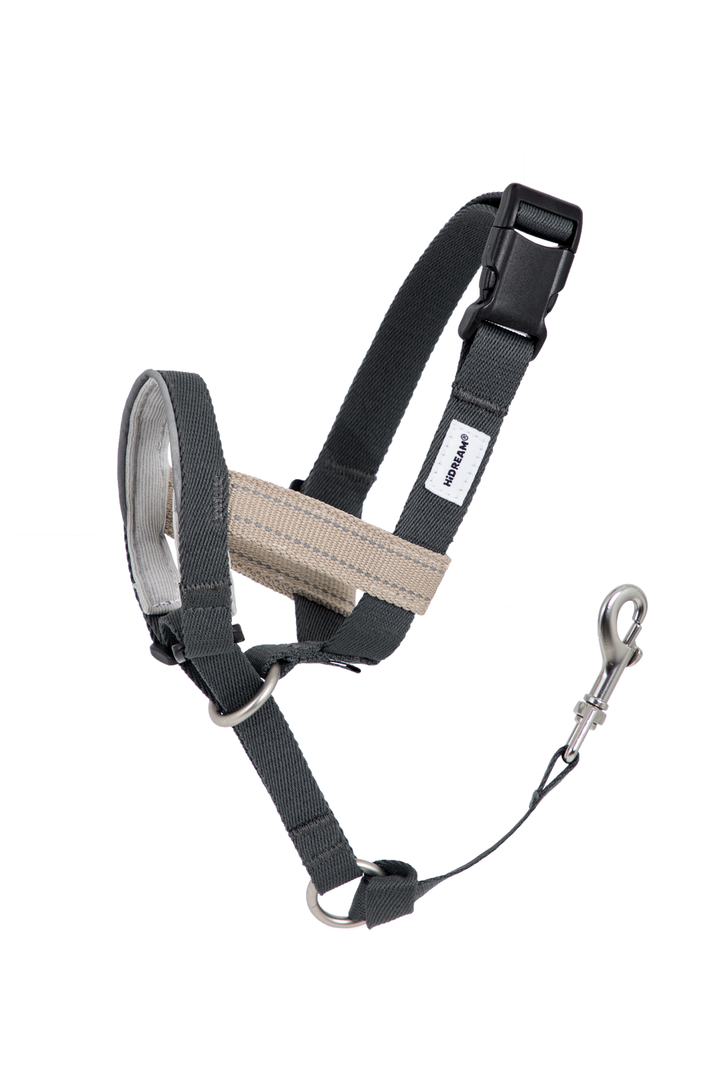 Product-only image of an adjustable no-pull dog nose collar with padded nose loop and head strap on a transparent background.
