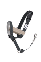 Product-only image of an adjustable no-pull dog nose collar with padded nose loop and head strap on a transparent background.