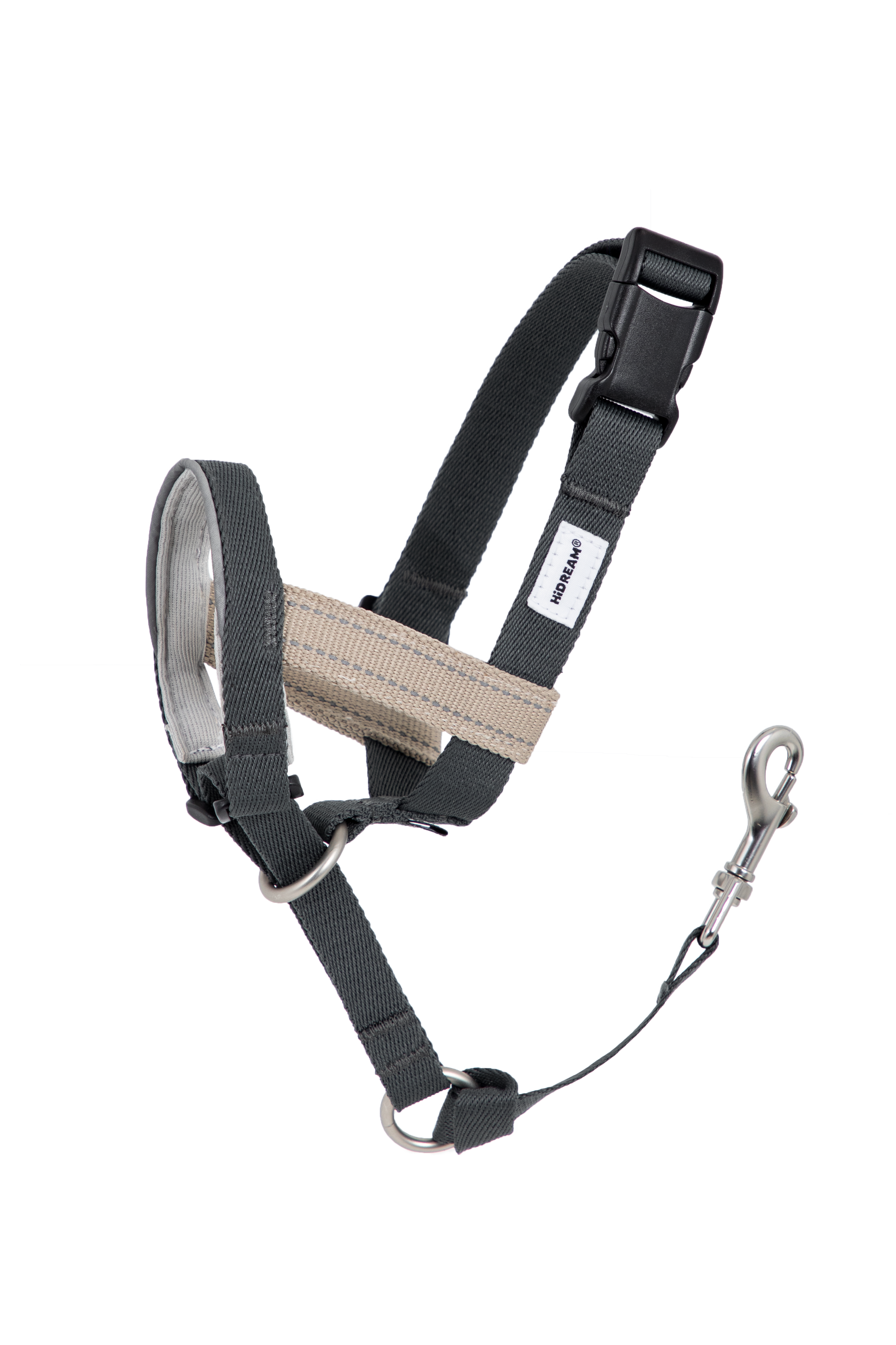 Product-only image of an adjustable no-pull dog nose collar with padded nose loop and head strap on a transparent background.