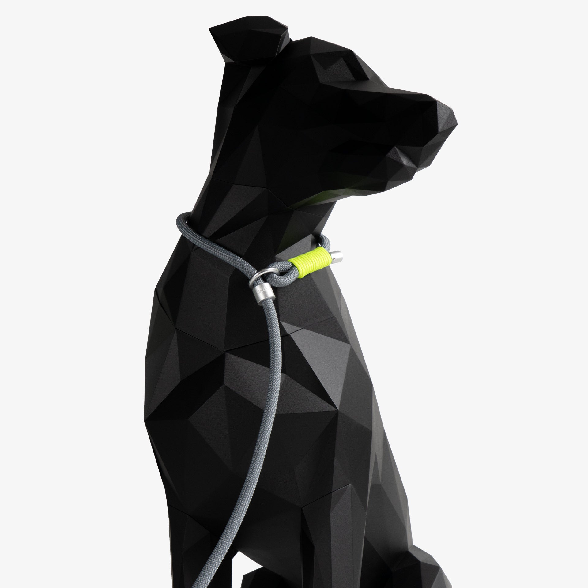 Adjustable rope dog leash worn around a dog’s neck, demonstrating slip-style use with an aluminum stopper for controlled walking.