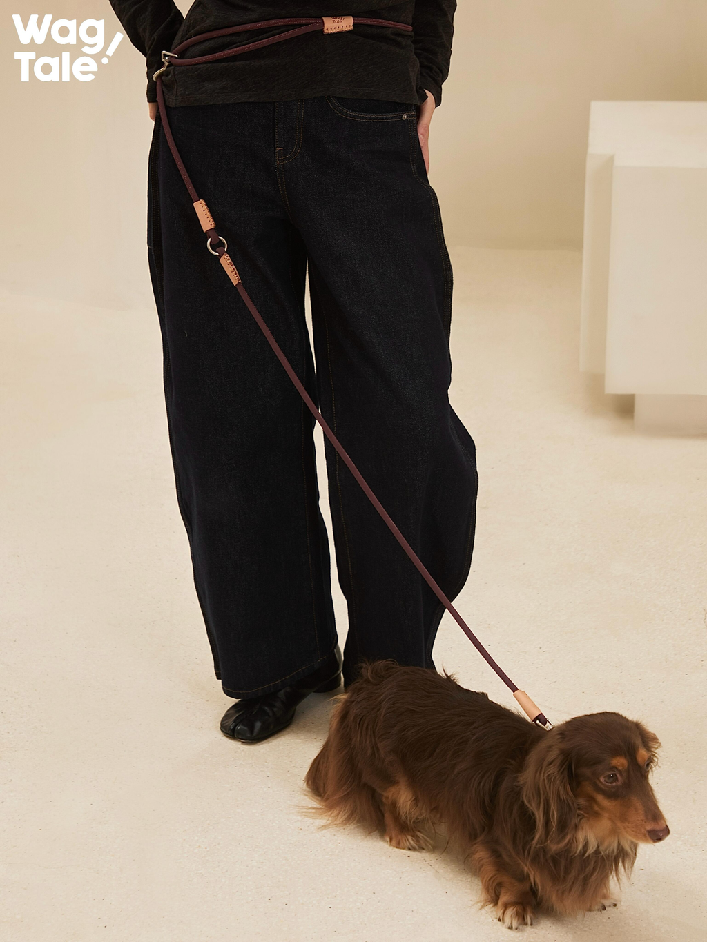 Adjustable waist dog leash in use during an everyday walk, highlighting hands-free comfort, slim rope profile, and secure metal hook connection.