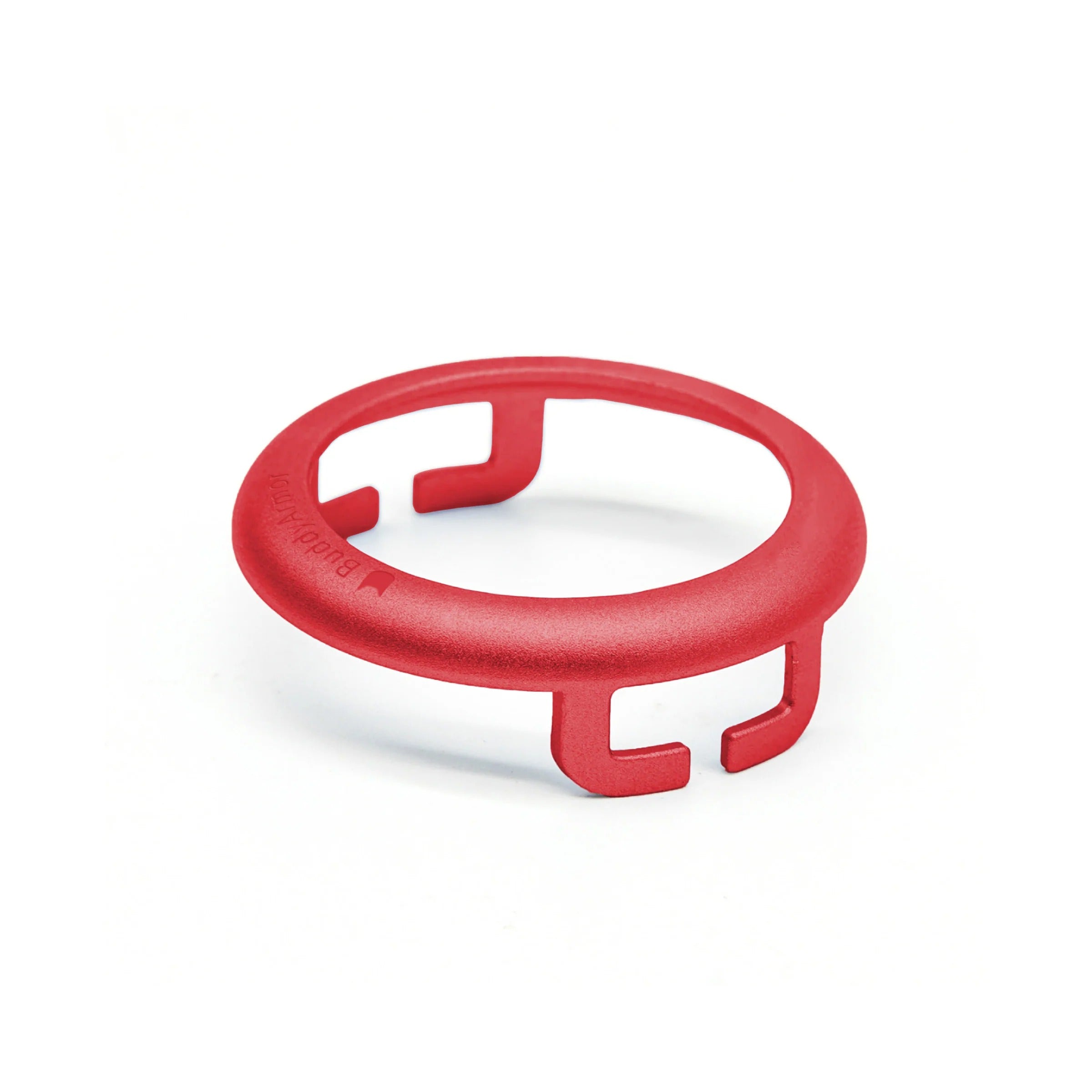 Red aluminum AirTag holder featuring scratch resistant anodized finish
