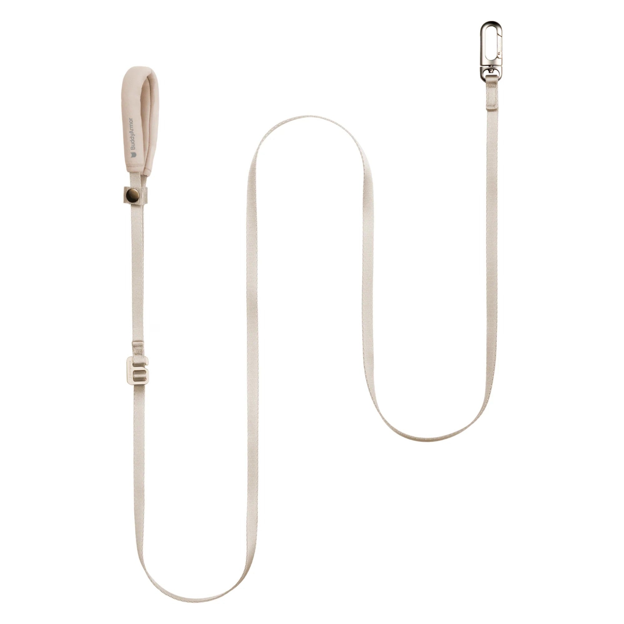 Beige lightweight pet leash with soft handle, adjustable length, and metal hook on white background