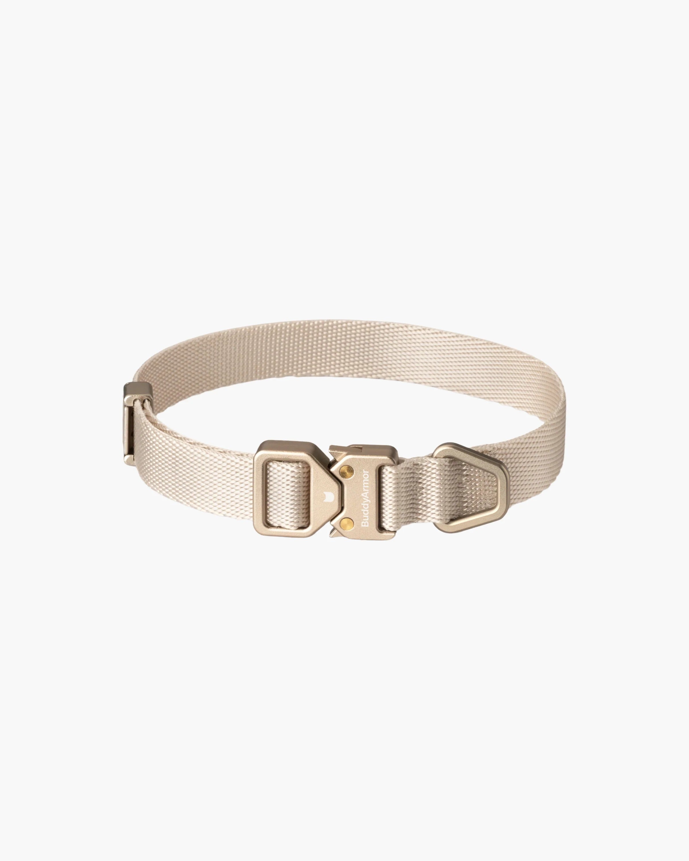 Beige dog collar featuring a metal buckle and snap adjuster on white background