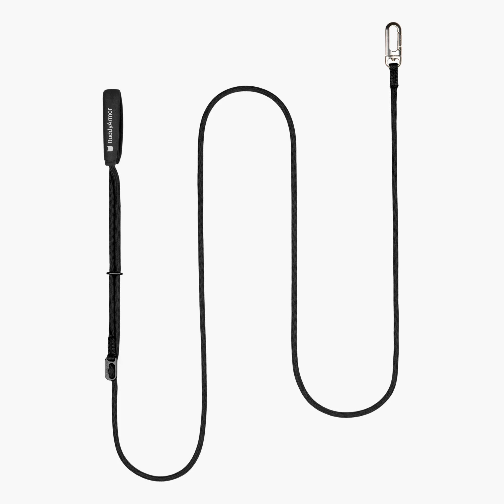 Black adjustable hands-free cat leash with padded handle and rotating metal hook