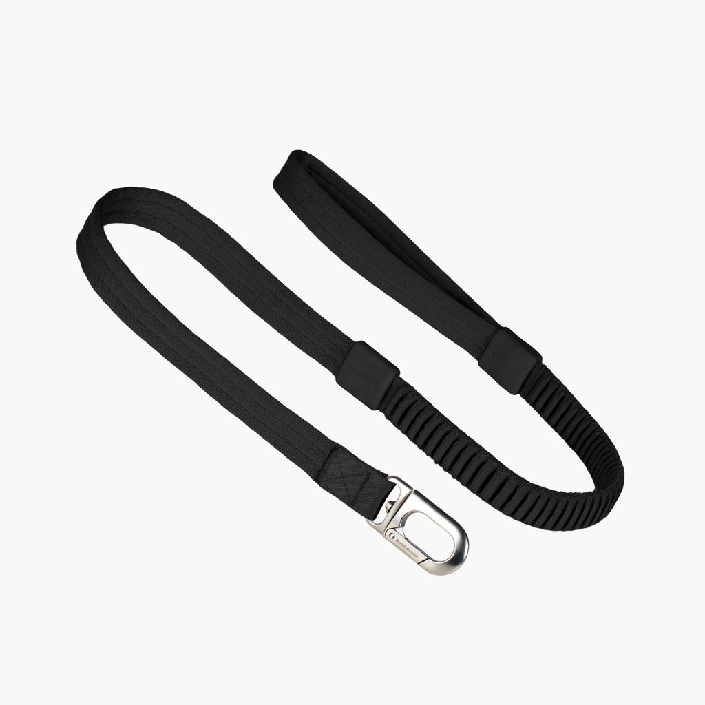 A black dog leash laid flat, showing a loop handle, elastic stretch section, and a metal hook at the end