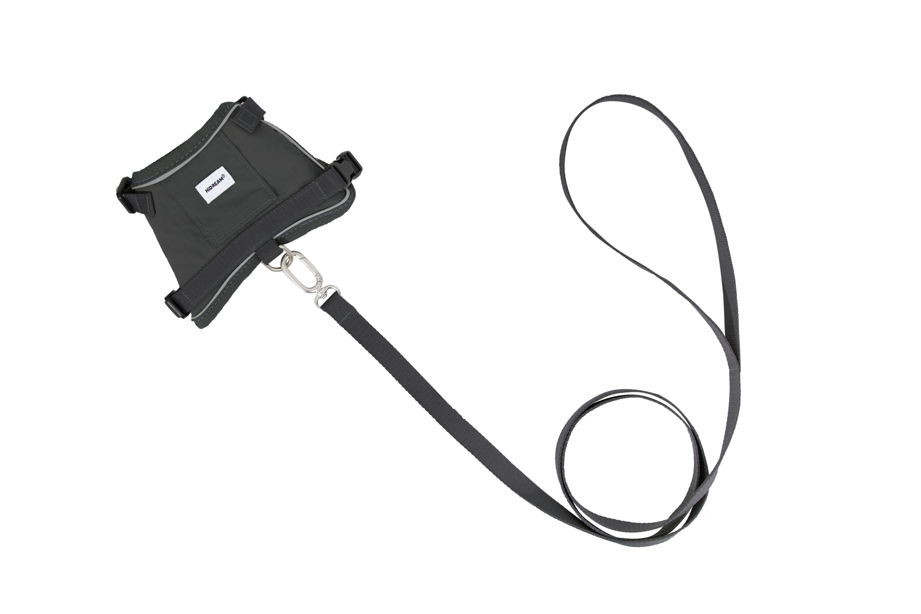 Flat lay of a black and gray cat harness with a matching leash on a white background, showing the metal clip connection detail.