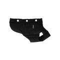 Flat lay of a black padded dog vest showing its side profile, structured cut, and back snap button placement.
