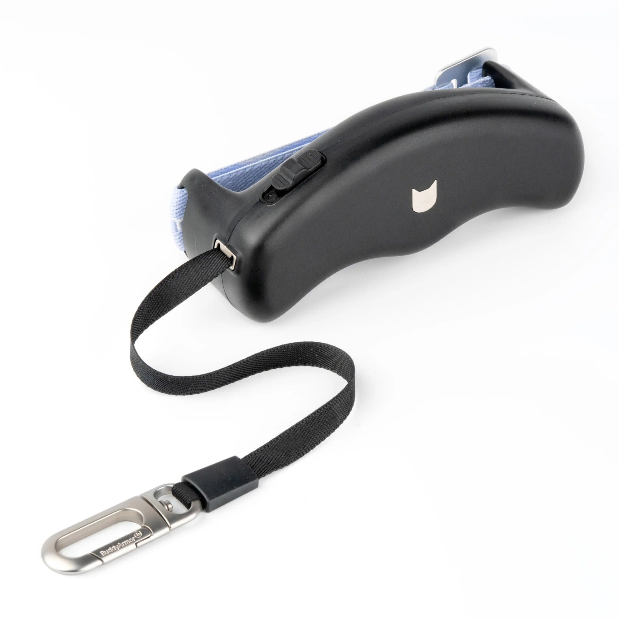 Black retractable dog leash shown with strap and metal clip