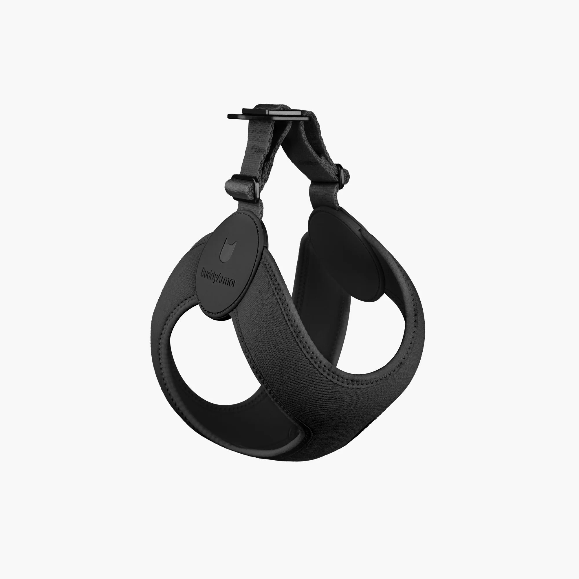 Black stretchy dog harness with curved chest shape and adjustable straps on white background