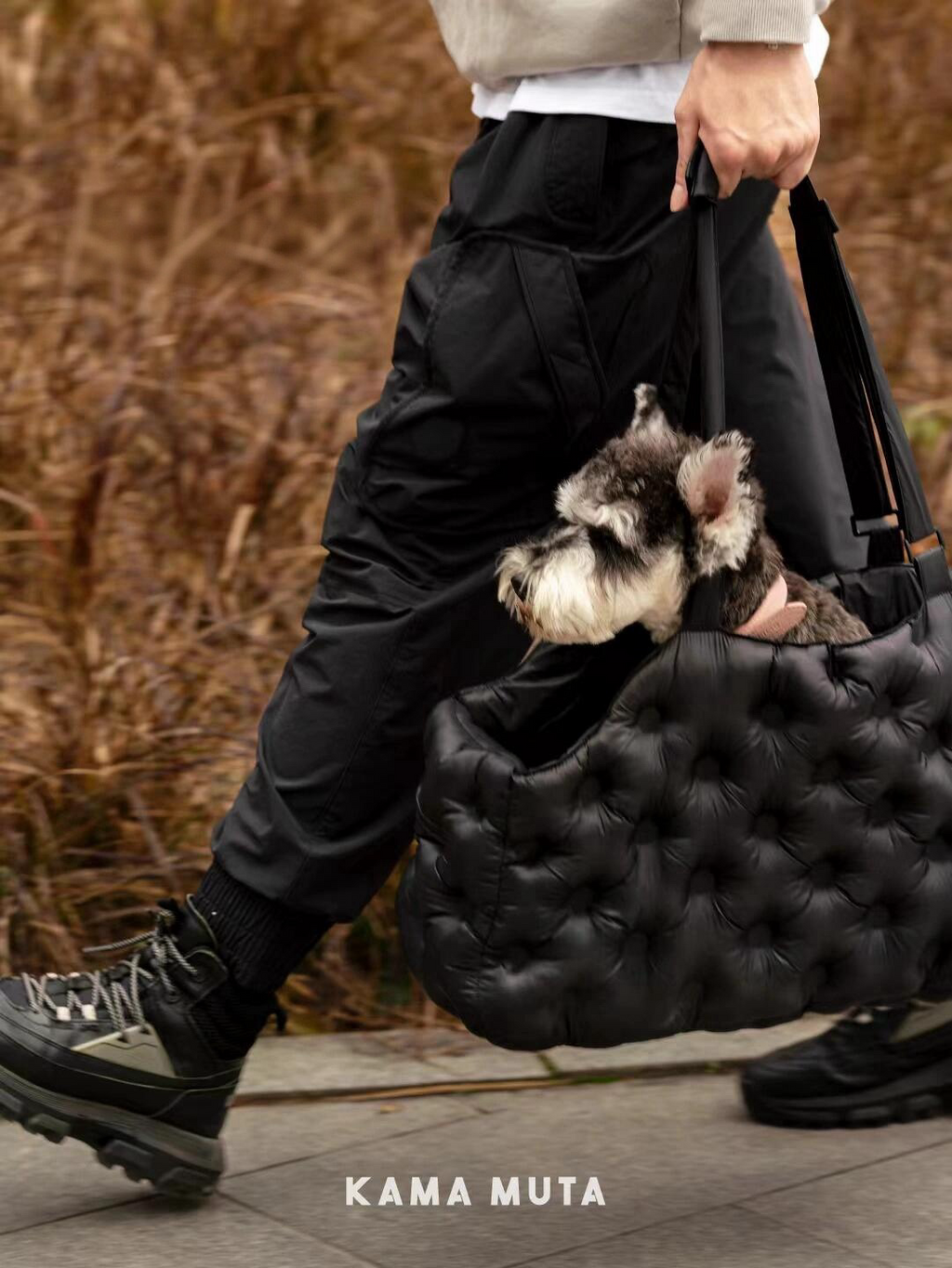 Black travel dog carrier bag with a semi-enclosed design, allowing a small dog to stay secure while exploring outdoors.