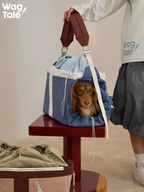 A blue dog carrier being held by its handles, with a dog sitting inside and looking forward.