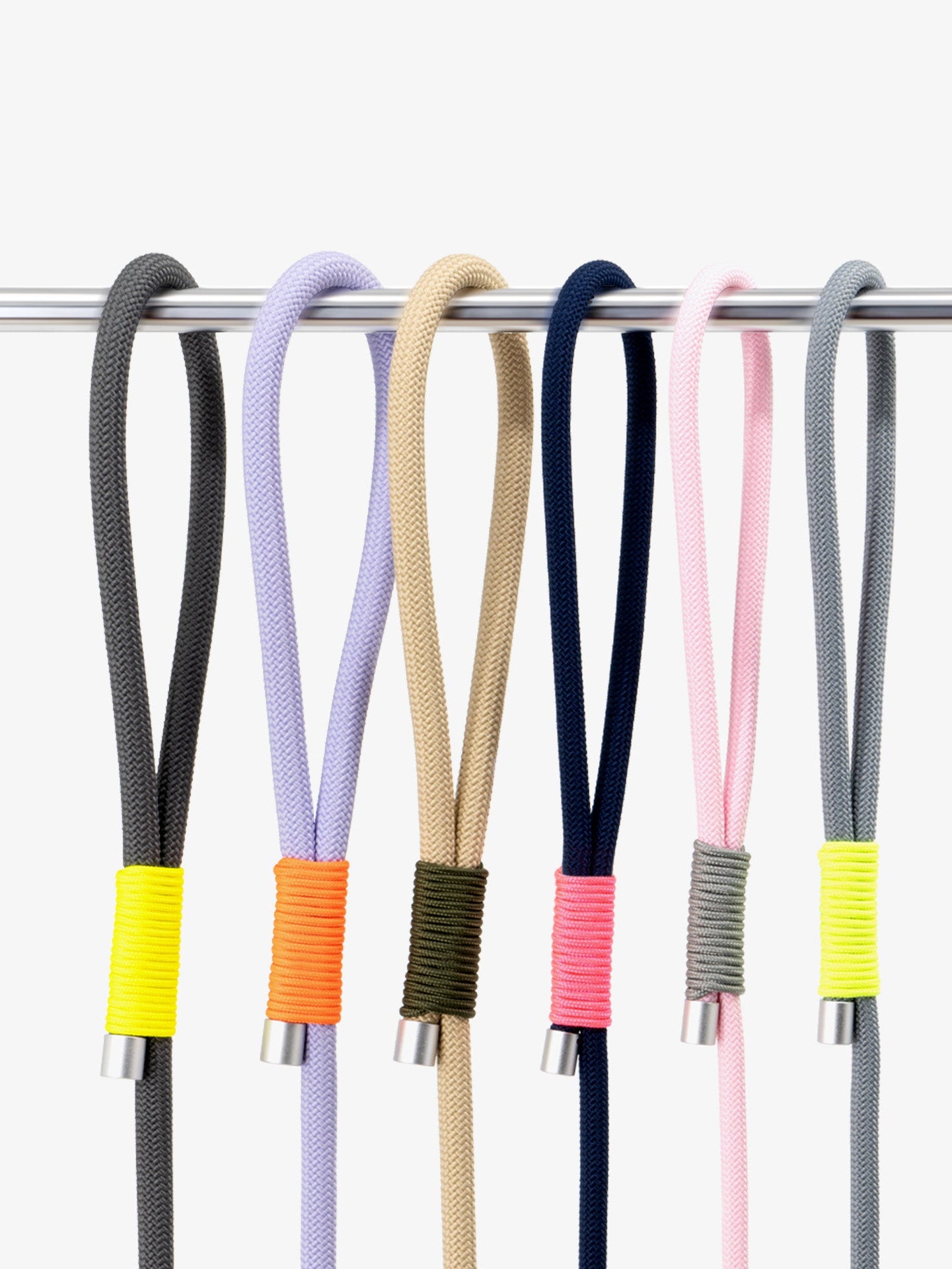 Braided nylon rope dog leashes in multiple color options, featuring minimalist design and aluminum hardware details.