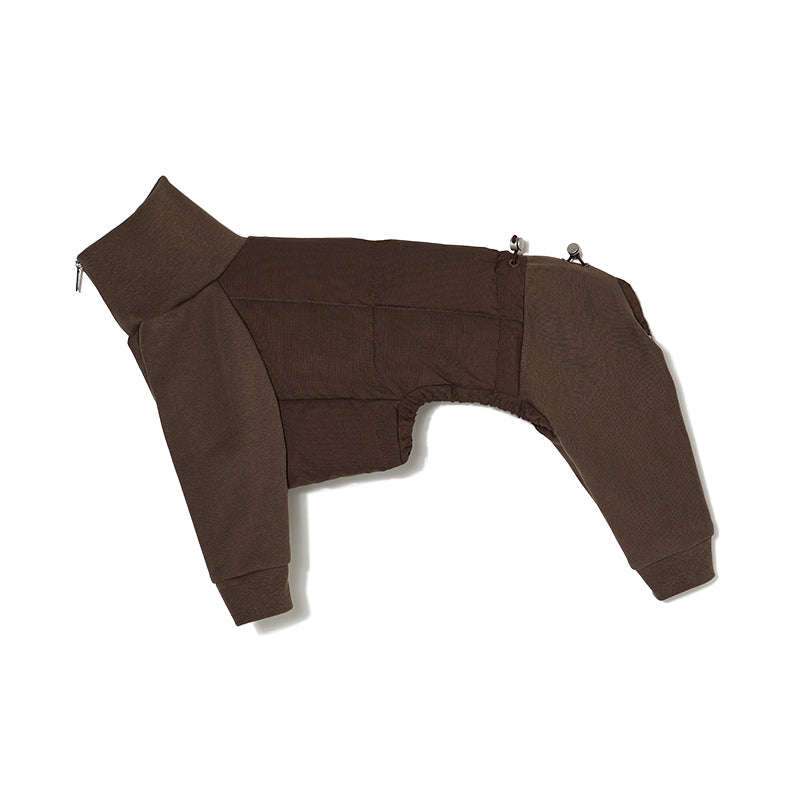 Flat lay view of a brown four-leg dog jacket highlighting the fabric texture and construction