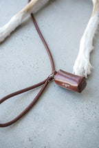 Close-up of a brown leather poop bag holder attached to a matching leash; compact accessory pouch shown on the floor beside a dog’s paws.