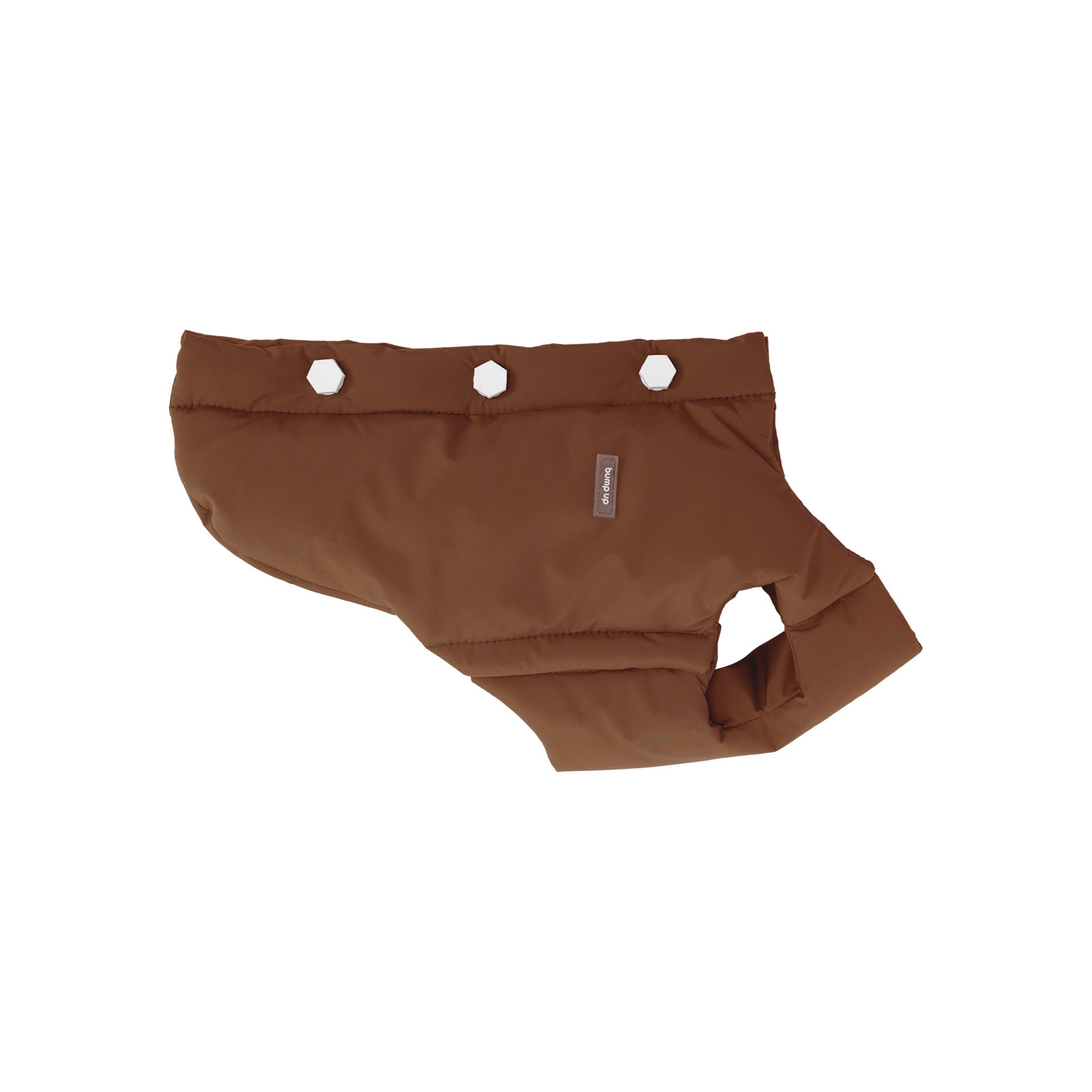 Flat lay view of a brown dog vest highlighting its padded construction and streamlined silhouette.