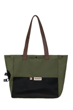 Front view flat lay of a green cat carrier tote with mesh window, showing the full tote shape, handles, and breathable front panel.
