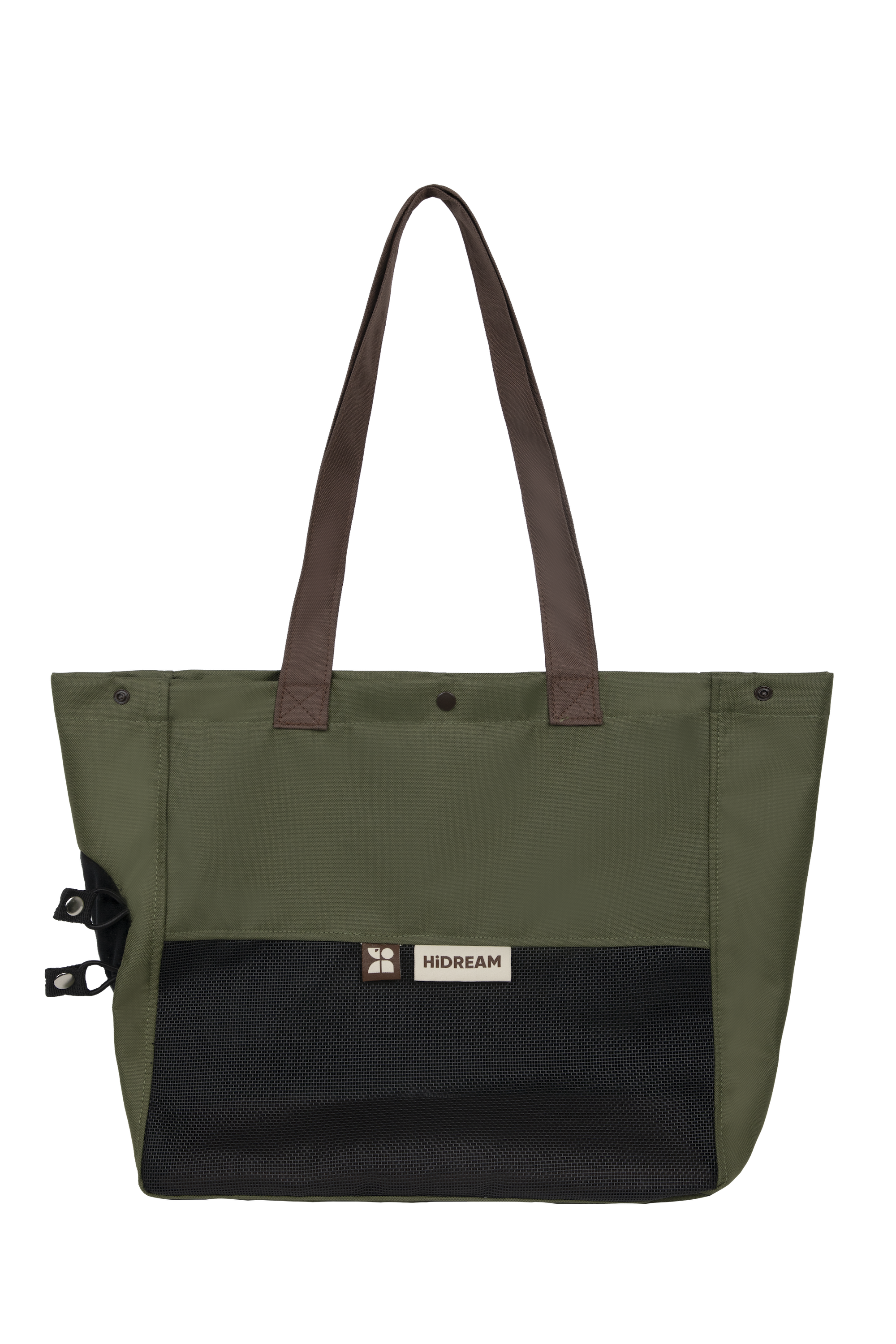 Front view flat lay of a green cat carrier tote with mesh window, showing the full tote shape, handles, and breathable front panel.
