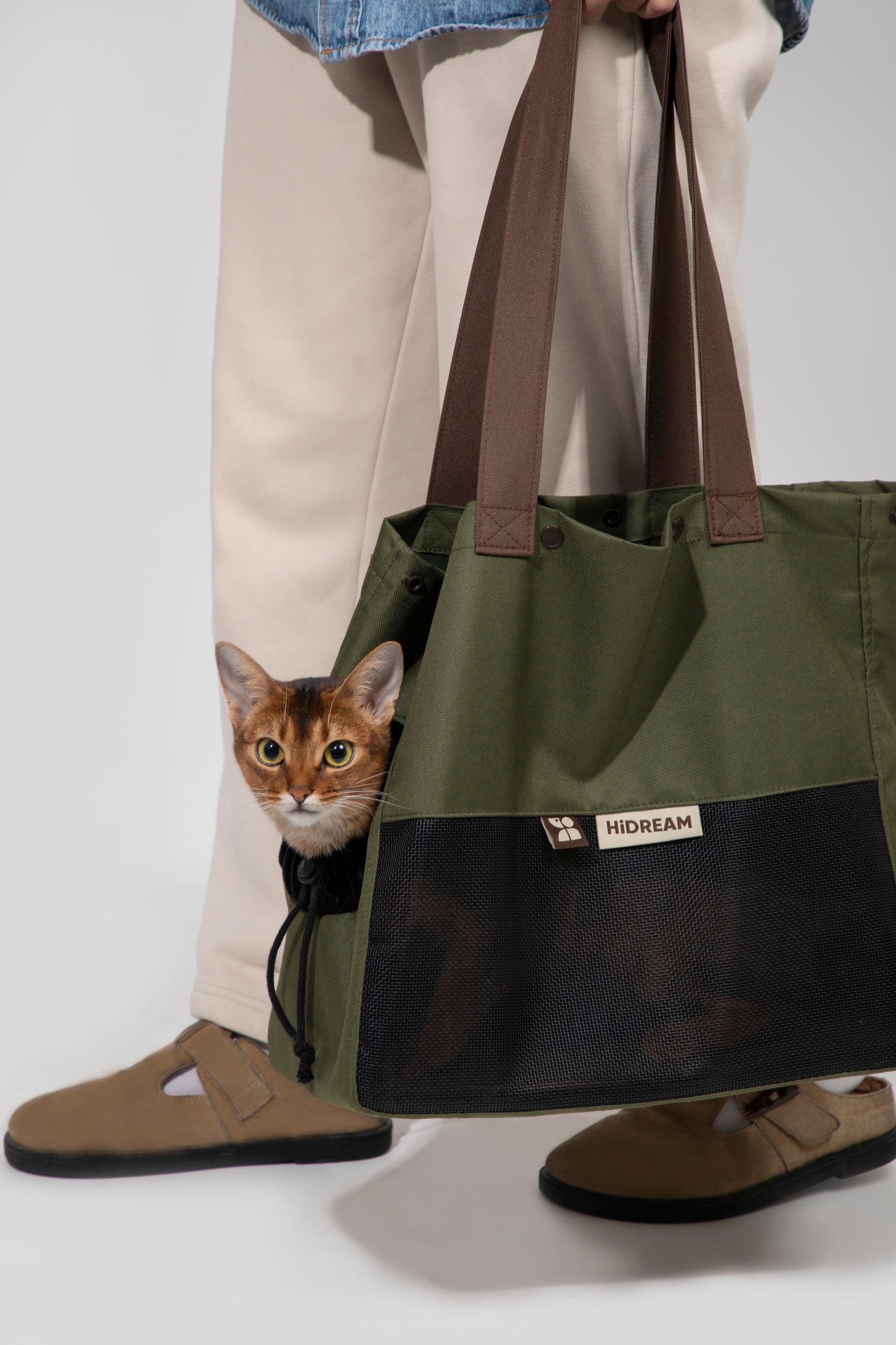 Green cat carrier tote with breathable mesh window, showing a cat peeking out from the side opening while the bag is carried by hand.