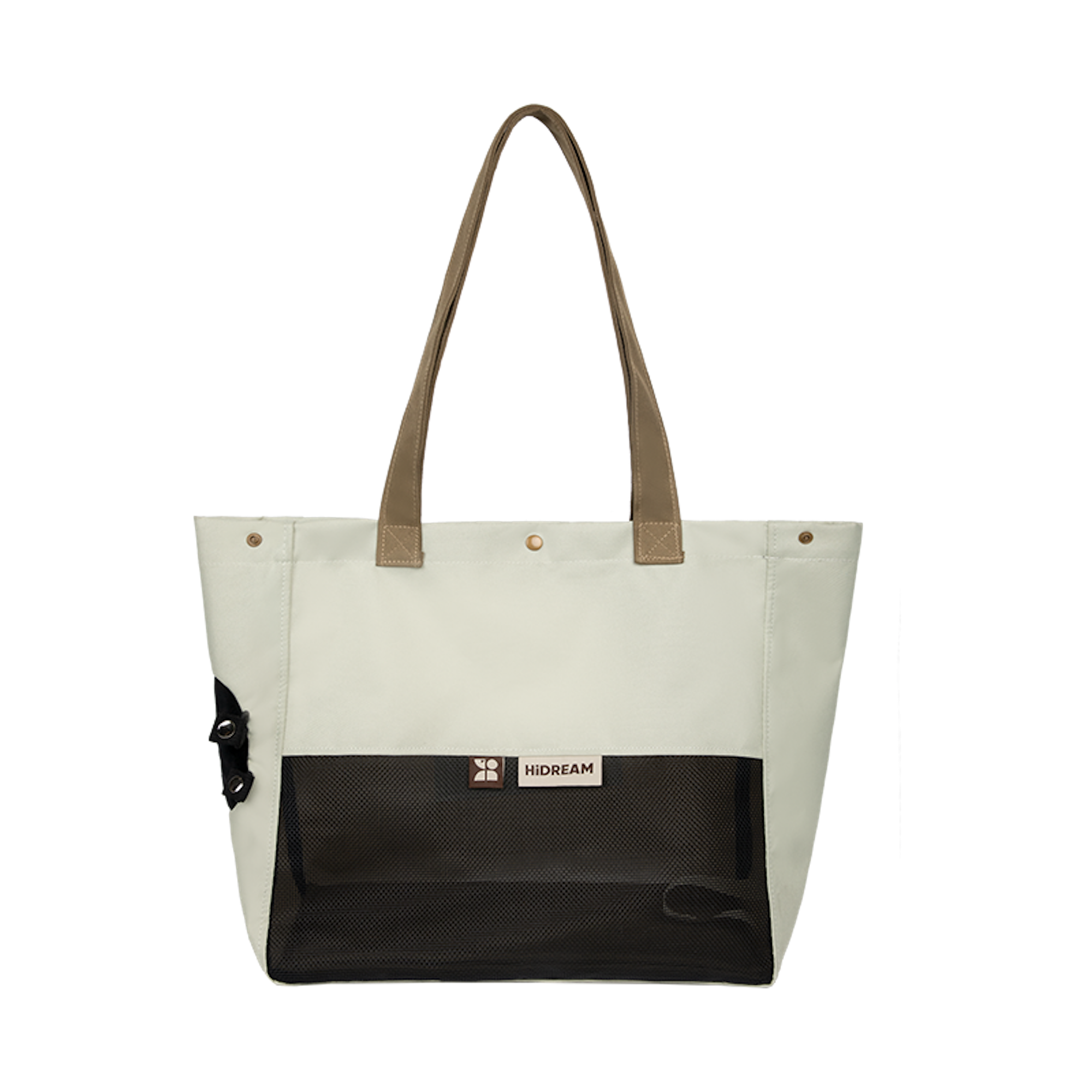 Front view flat lay of an ivory cat carrier tote featuring a mesh window, reinforced handles, and structured tote design.
