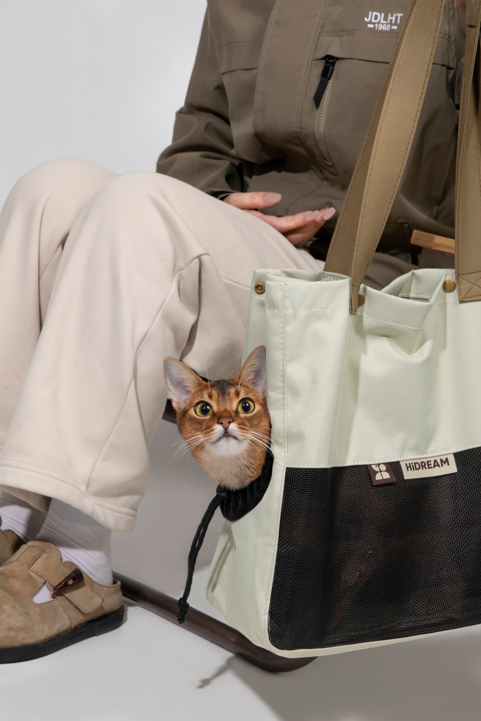Cat carrier tote placed on the floor with a cat looking out through the side opening, showing the mesh window panel and roomy tote shape.