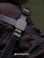 Close-up of cat harness with anodized aluminum alloy buckle and nylon straps