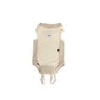 Cream cat surgical suit laid flat on a transparent background, showing breathable recovery bodysuit design with tail opening and secure closures.